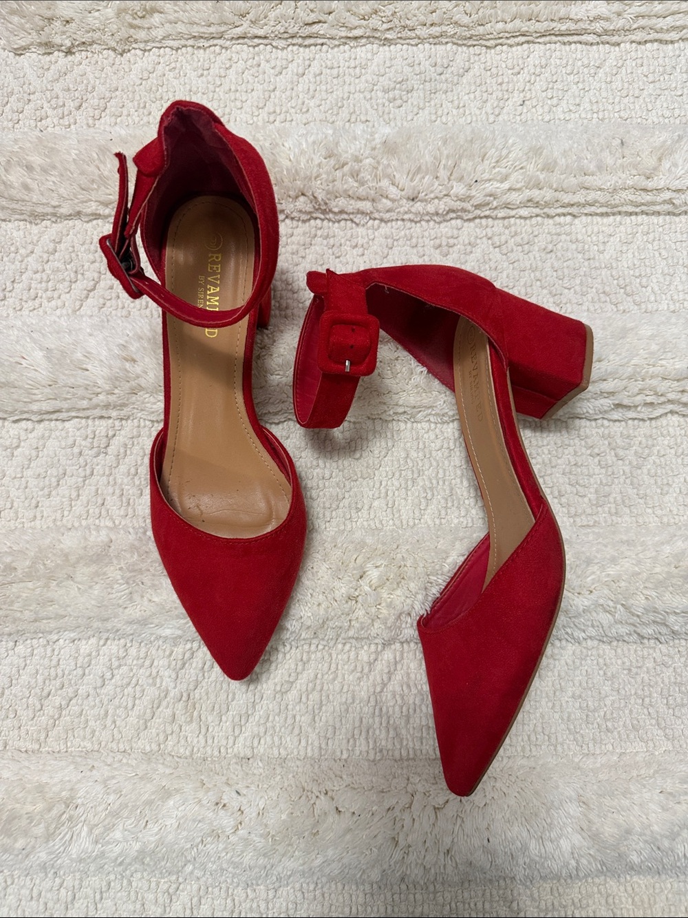 Revamped Red Suede Pointed Ankle-Strap Block Heel Pumps